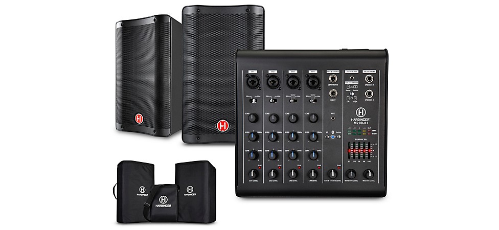 Harbinger M200-BT Speakers, Mixer, and Carrying Bags