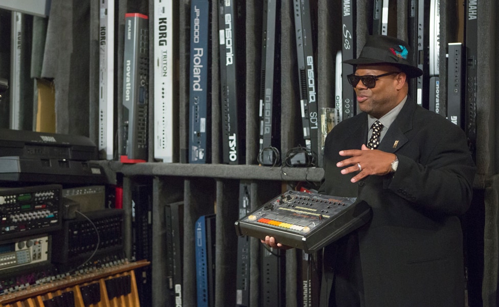 Jimmy Jam holding his original Roland TR-808