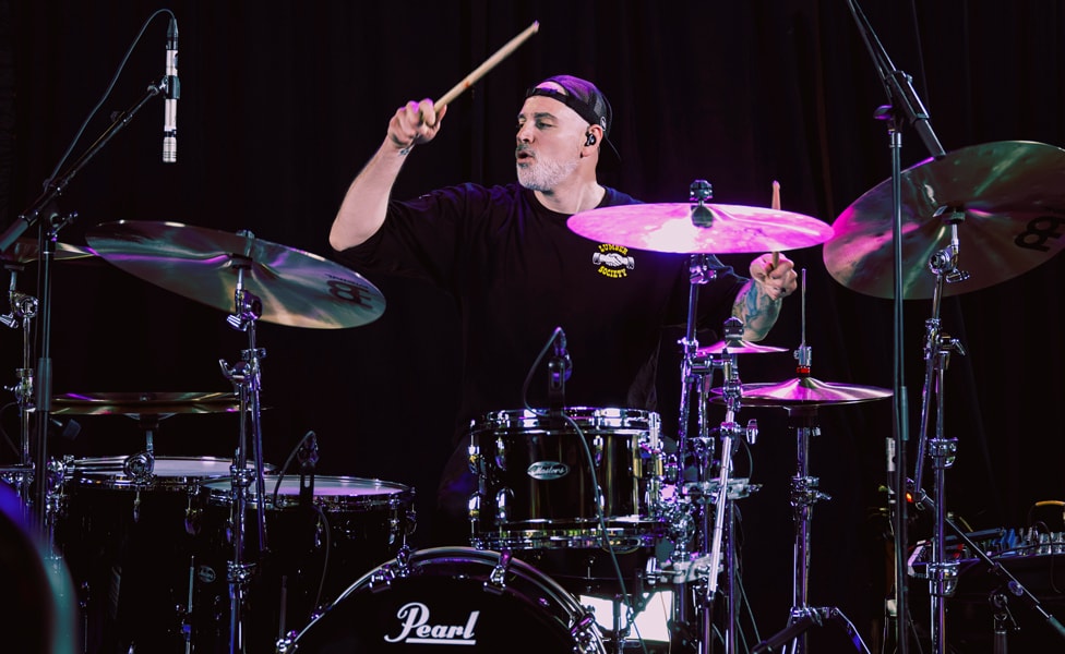 Matt Halpern drumming on-stage at Guitar Center Hollywood