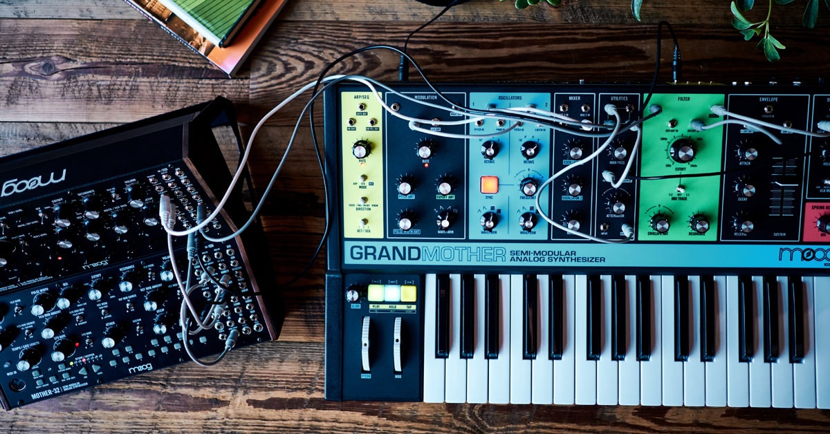 Moog Grandmother Synthesizer connected to Mother32 and DFAM