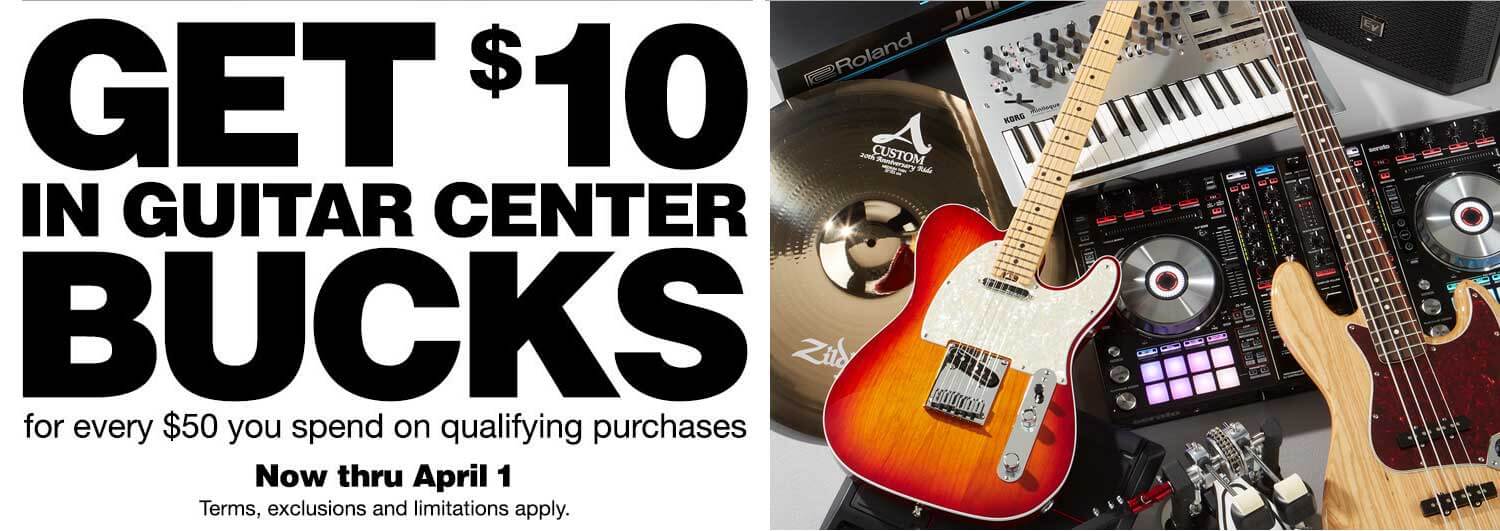 Get $10 in Guitar Center Bucks for every $50 you send on qualifying purchases. Now thru April 1. Terms, exclusions and limitations apply.