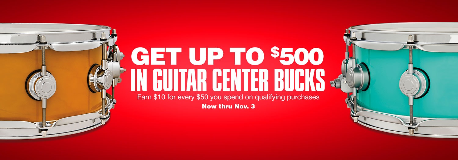 Get up to 500 Dollars in Guitar Center bucks. Earn 10 Dollars for every 50 Dollars you spend on Qualifying purchases. Now thru November 3