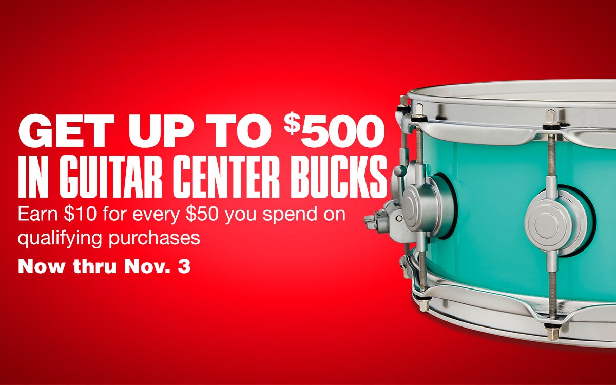Get up to 500 Dollars in Guitar Center bucks. Earn 10 Dollars for every 50 Dollars you spend on Qualifying purchases. Now thru November 3