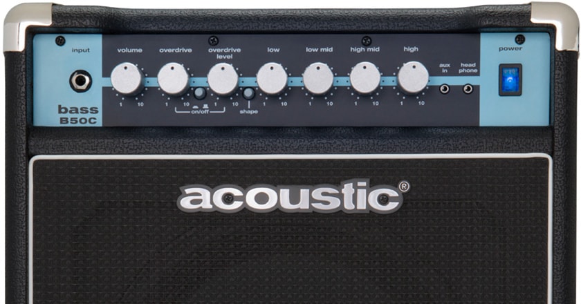 The front panel of the Acoustic B50C bass combo