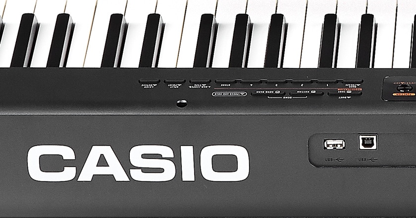 Rear view of piano with close-up detail on connectivity