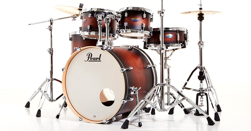 Pearl Decade Maple drum shell pack with two rack toms, floor tom, bass drum and snare drum, displayed with cymbals and hardware (sold separately)
