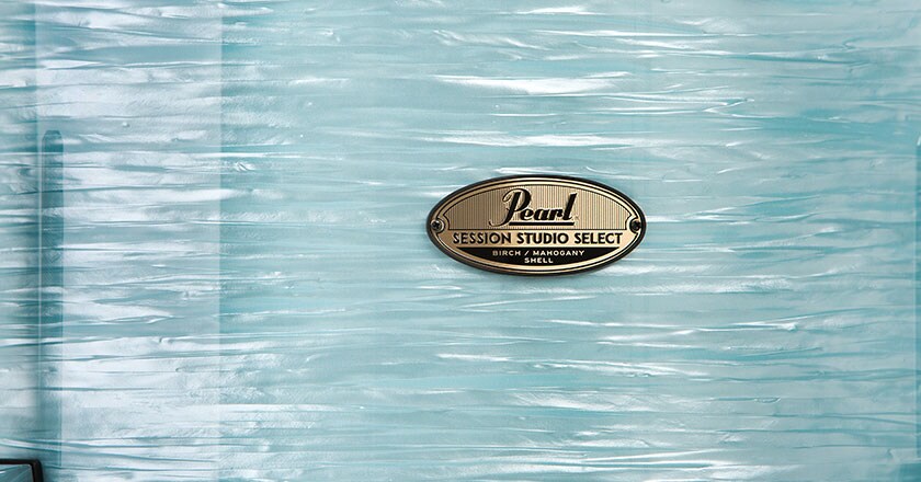 Pearl Session Studio Select Badge on Ice Blue Oyster drum shell