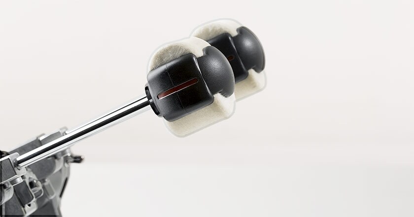 Pearl QuadBeater bass drum beater with Control Core elastomer center, adjusted with uni-lock beater angle cams