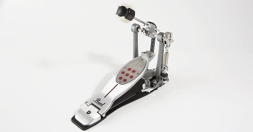Pearl Eliminator Redline single kick pedal with NiNja skateboard bearings, adjustable PowerShift footboard and Rotor Tension Cradle spring