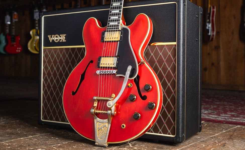 1959 Gibson ES-335 in Cherry Red with a VOX Amplifier