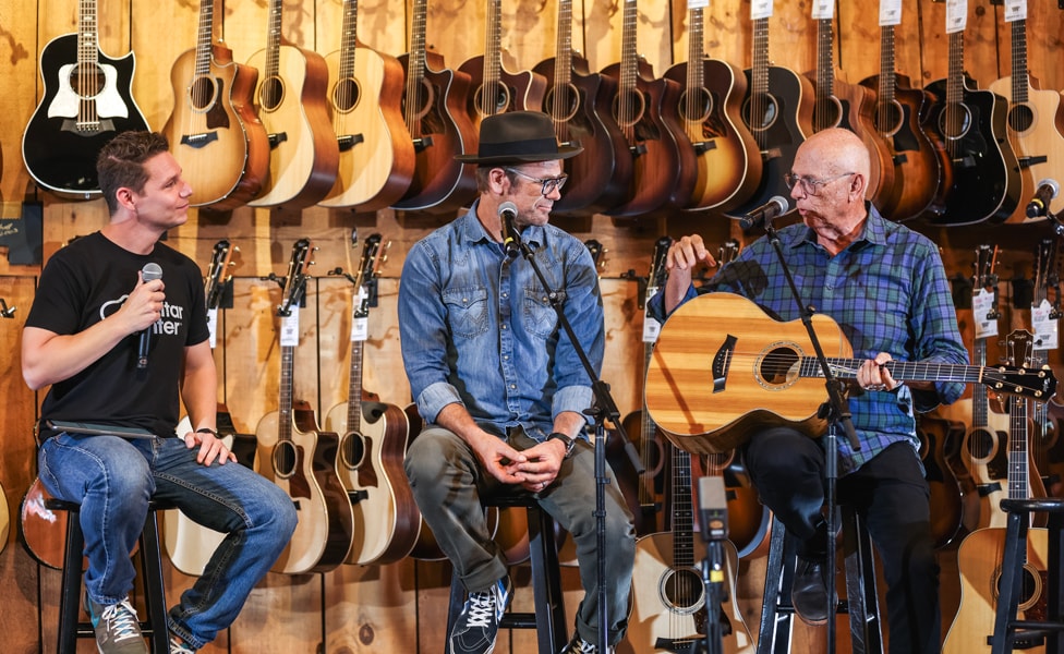Bob Taylor and Andy Powers On-stage at Guitar Center with Taylor's "Pallet" Guitar