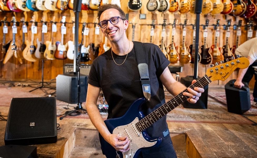Cory Wong at GC Hollywood with his Signature Fender Stratocaster and Electro-Voice Products