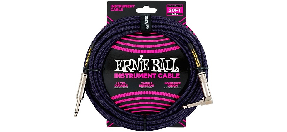 Ernie Ball Braided Straight to Angle Instrument Cable 20ft Neon Purple/Black