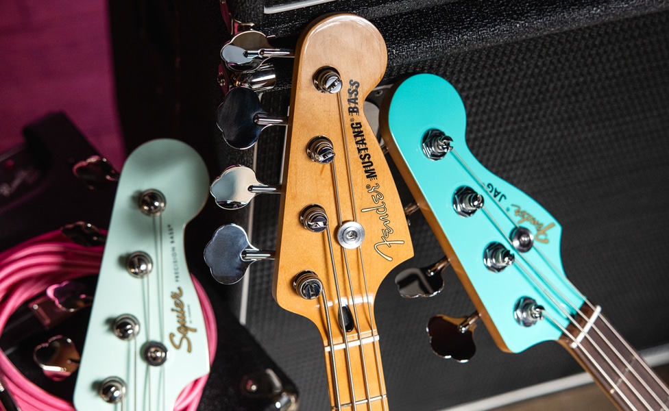 Squier Classic Vibe '60s Precision Bass Headstock, Fender Player II Mustang PJ Bass Headstock, Fender Mark Hoppus Bass Headstock