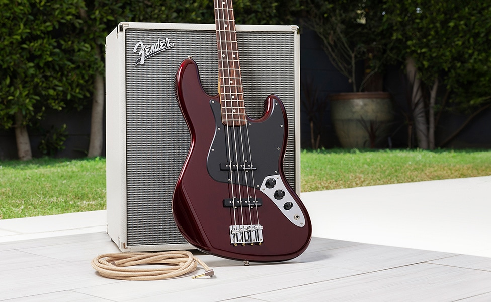 Fender Player II Jazz Bass in Oxblood and Fender Rumble 500W Bass Amplifier in Ivory