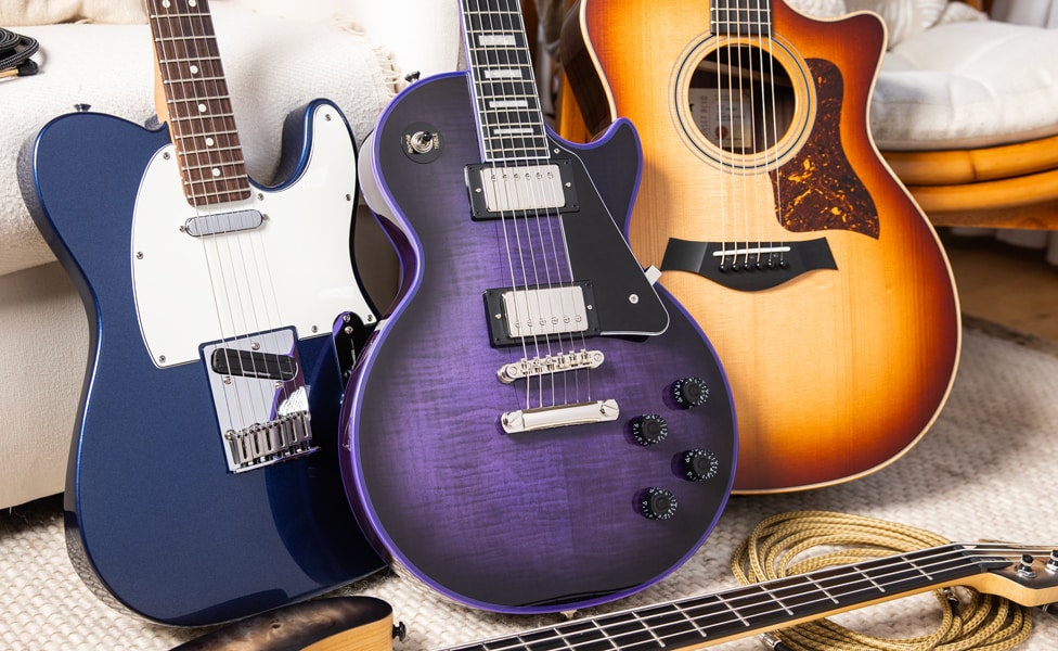 Fender Player II Moonlight Drive Telecaster, Epiphone Les Paul Custom Widow, Taylor Sunset Blvd 414ce Studio Acoustic Guitar