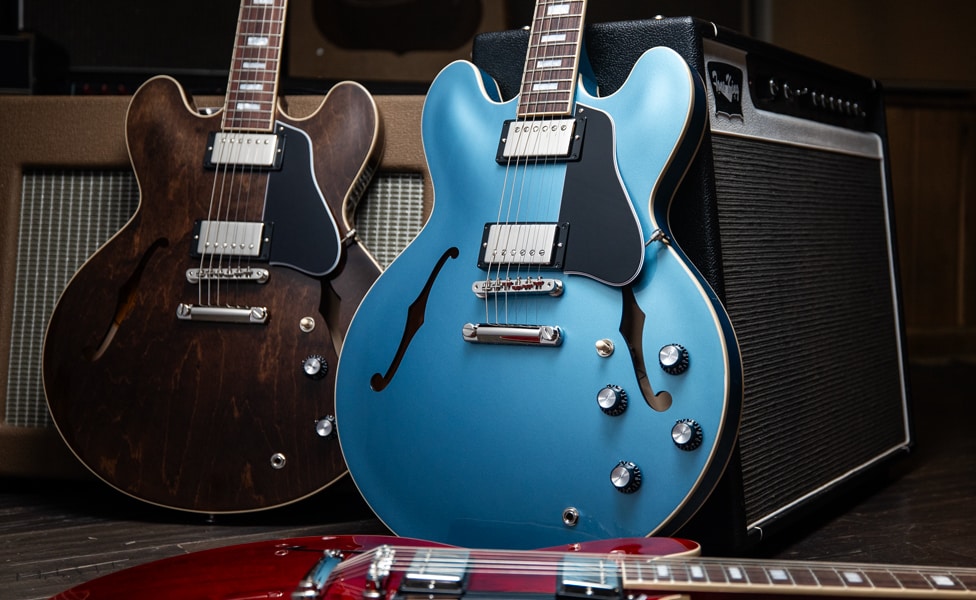 Gibson ES-335 '60s Block in Walnut, Pelham Blue and Cherry Red