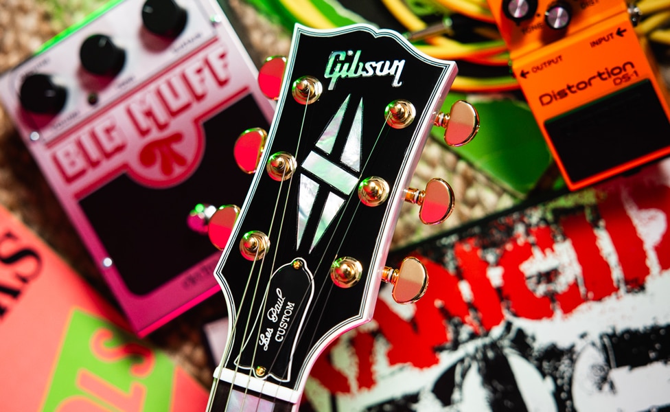Gibson Les Paul Custom Headstock, Electro-Harmonix Classics USA Big Muff Pi and BOSS DS-1 Distortion
