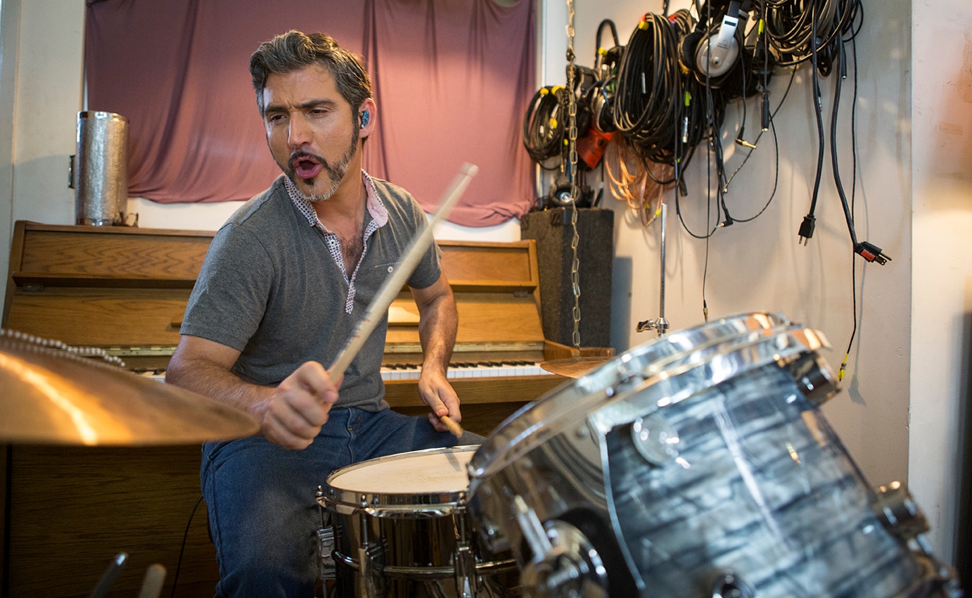 Chicano Batman drummer Gabriel Villa with his vintage hybrid drum kit