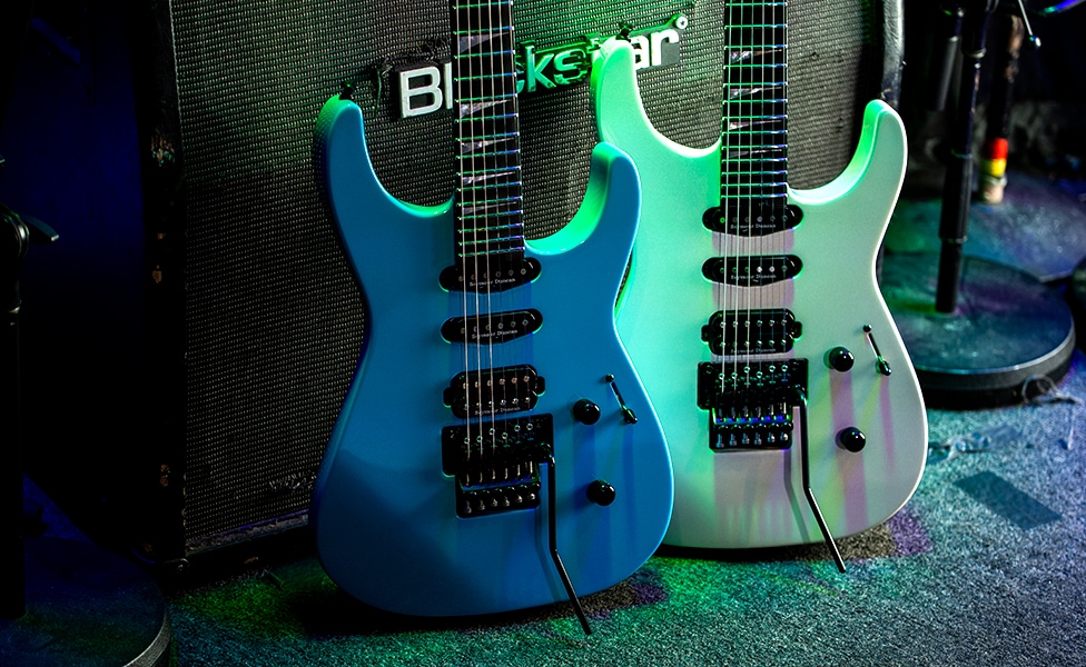 Jackson American Series Soloist SL3 Electric Guitars in Riviera Blue and Platinum Pearl