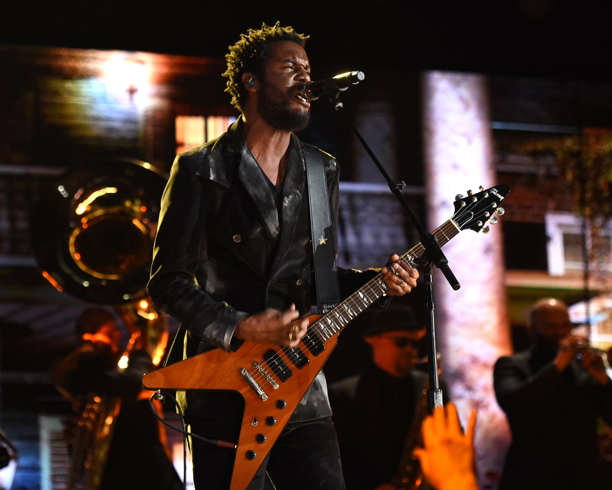 Gary Clark Jr. performs at the 62nd Annual GRAMMY Awards with his Gibson Flying V guitar