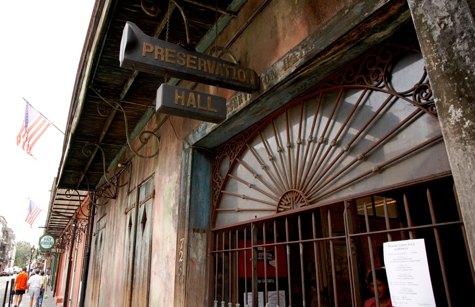 Exterior of Preservation Jazz Hall in New Orleans, LA
