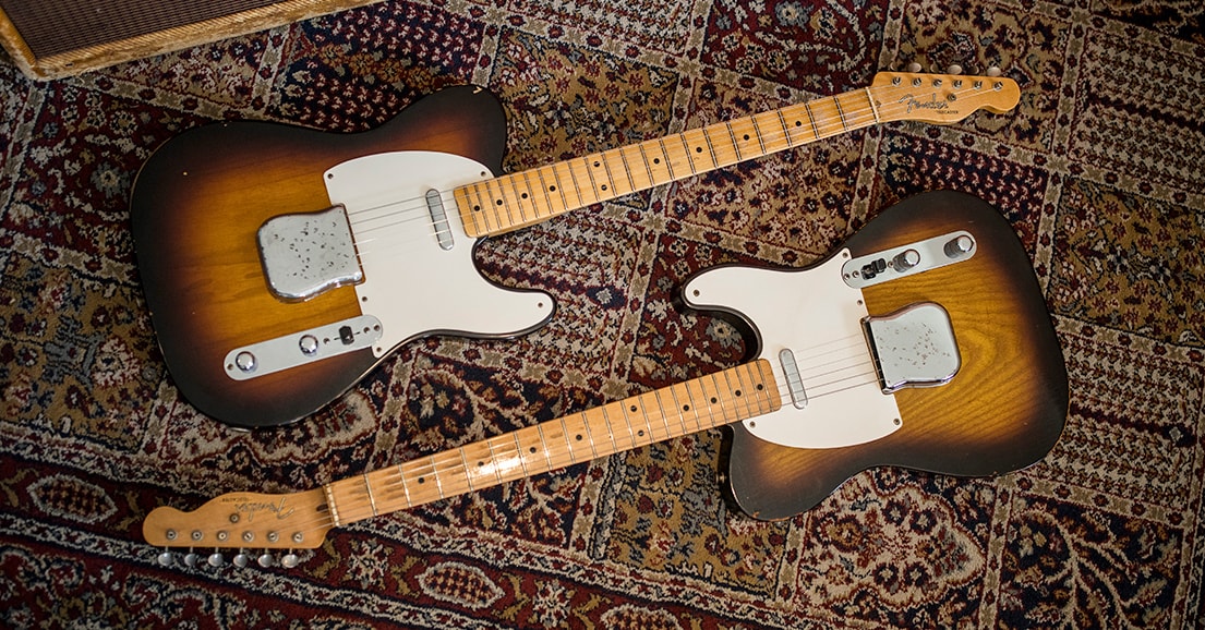 Joe Bonamassa's Vintage 1955 Fender Telecaster laying beside the Fender Custom Shop Vintage Collector Series 1955 Relic Telecaster Masterbuilt by Yuriy Shishkov