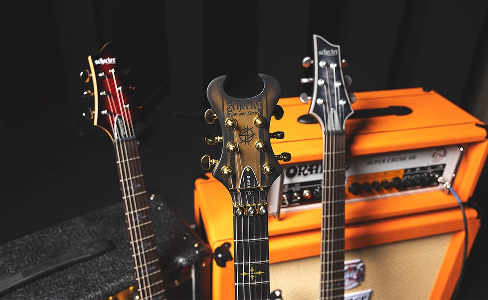 Schecter Guitar Research Demon-6, C-1 Platinum and Synyster Gates Custom-S Headstocks