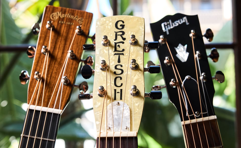 Headstocks Left to Right: Martin 000-28EC, Gretsch G9201 and Gibson Keb' Mo' J-45