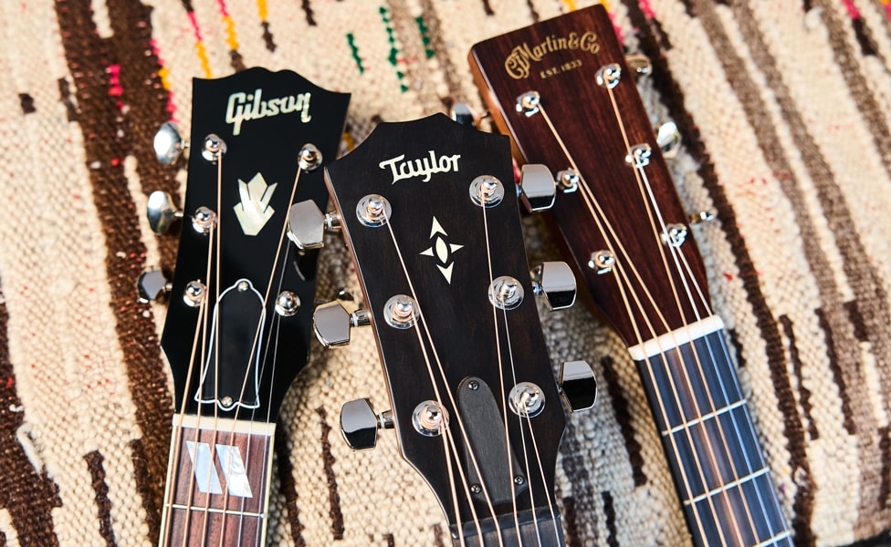 Gibson Southern Jumbo, Taylor Builder's Edition 517e and Martin D-18 Standard Headstocks