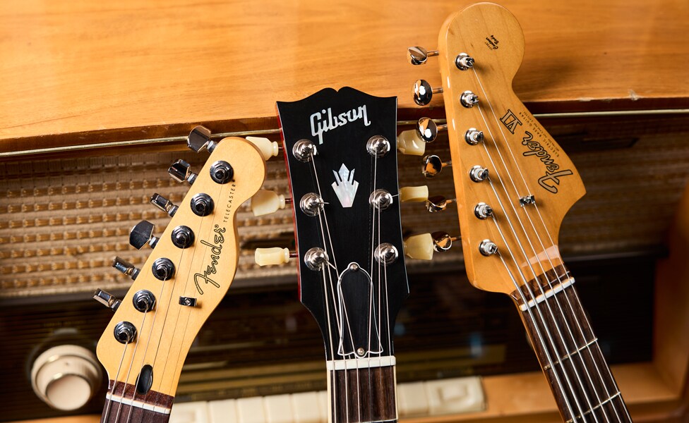 Headstocks Left to Right: Fender Player II Modified Telecater, Gibson ES-335 '60s Block and Fender Vintera II Bass VI