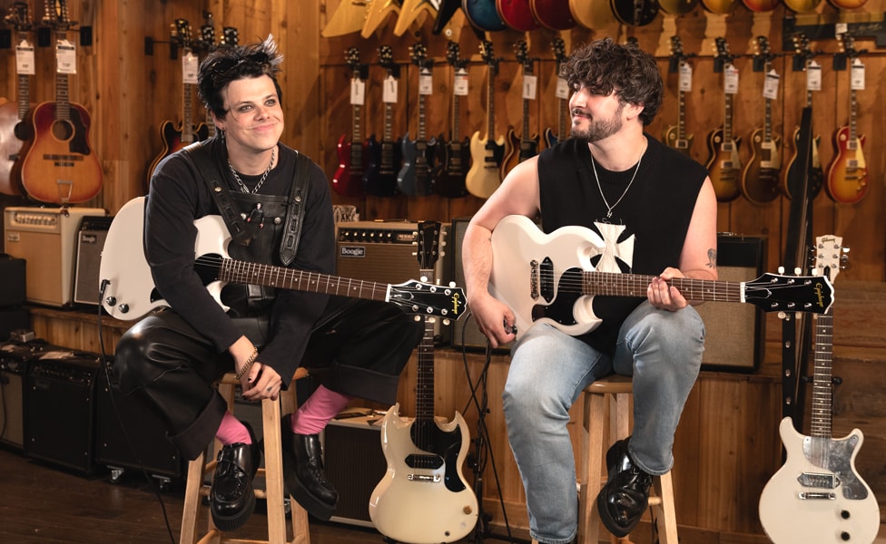 YUNGBLUD and Adam Warrington Playing the YUNGBLUD Signature Epiphone SG Junior in the Vintage Room at Guitar Center Hollywood