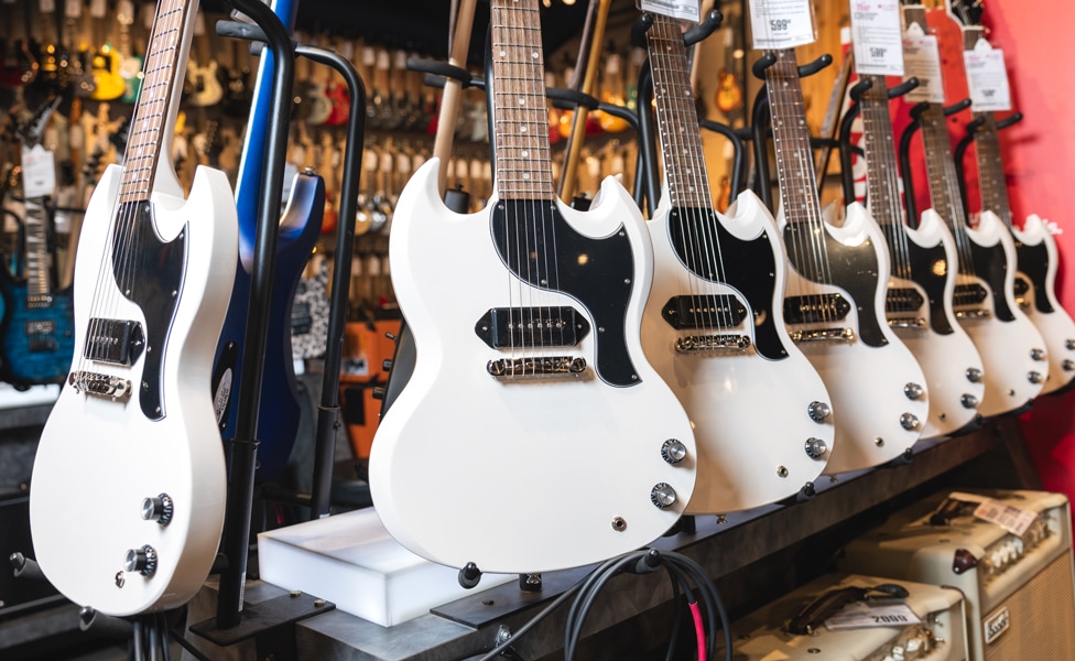 YUNGBLUD Signature Epiphone SG Juniors on display at Guitar Center Hollywood