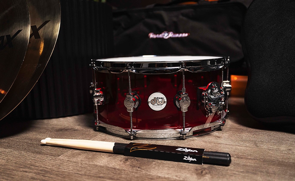 Zidjian DIP Drum Sticks and DW Design Series Ruby Glass Acrylic Snare Drum