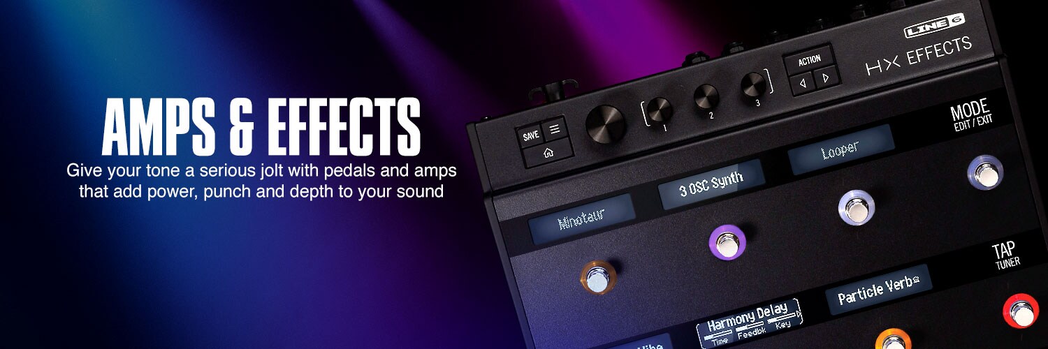 Amps and effects. Give your tone a serious jolt with pedals and amps that add power, punch and depth to your sound.