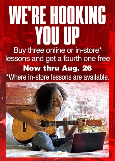 We're hooking you up. Buy three online or in-store lessons and get the forth one free. Now thru August 26. Where in store lessons are available.
