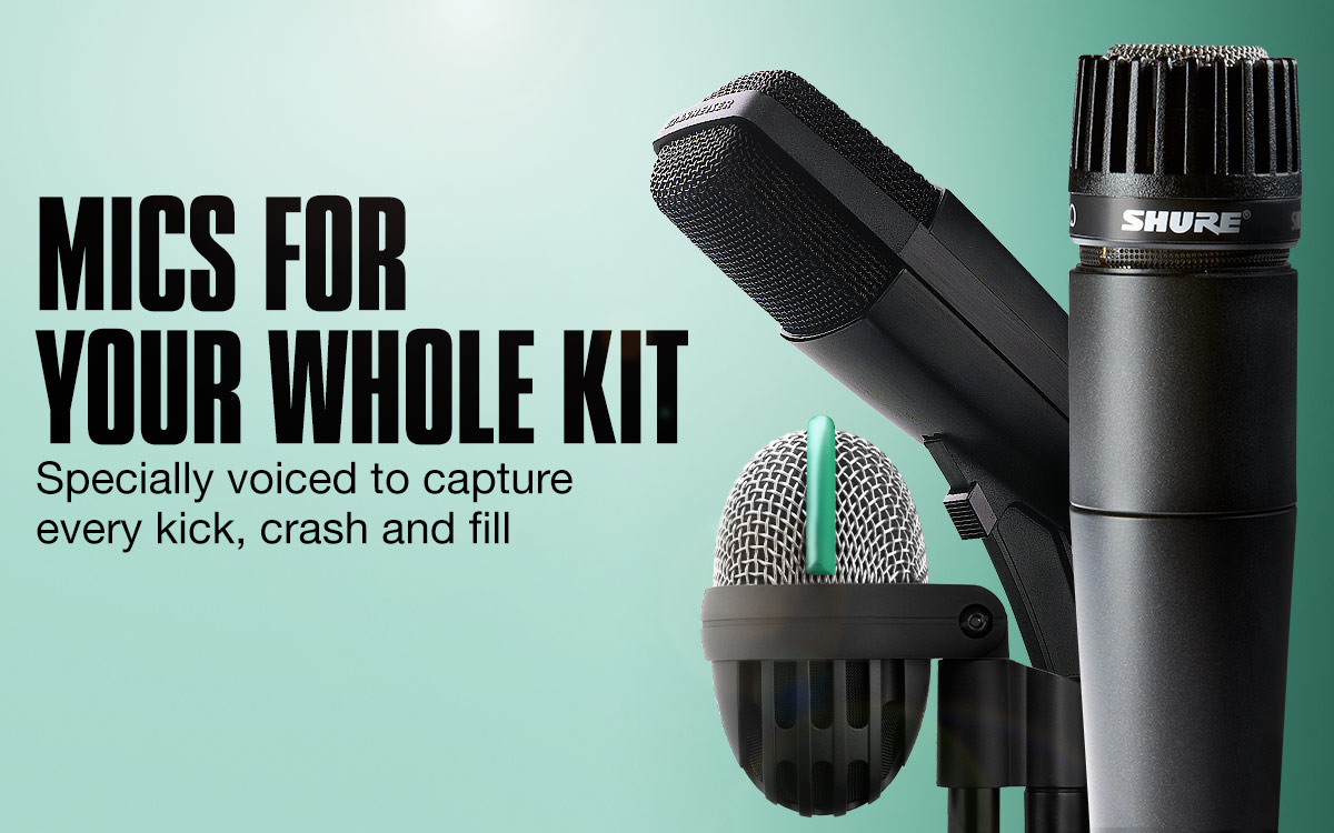 Mics for your whole kit. Specially voiced to capture every kick, crash and fill