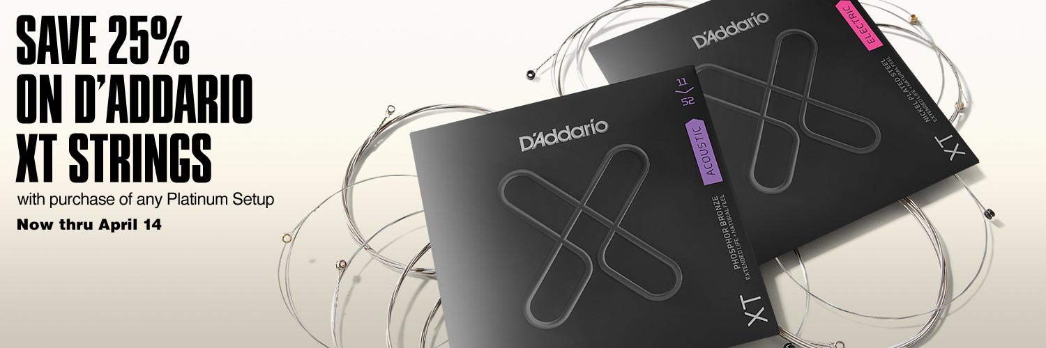 Save 25 percent on D'Addario XT Strings with purchase of any Platinum Setup. Now thru April 14.