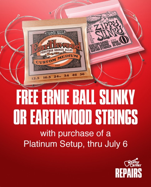 Free Ernie Ball Slinky Or Earthwood Strings with purchase of a Platinum Setup, thru July 6. Guitar Center Repairs.