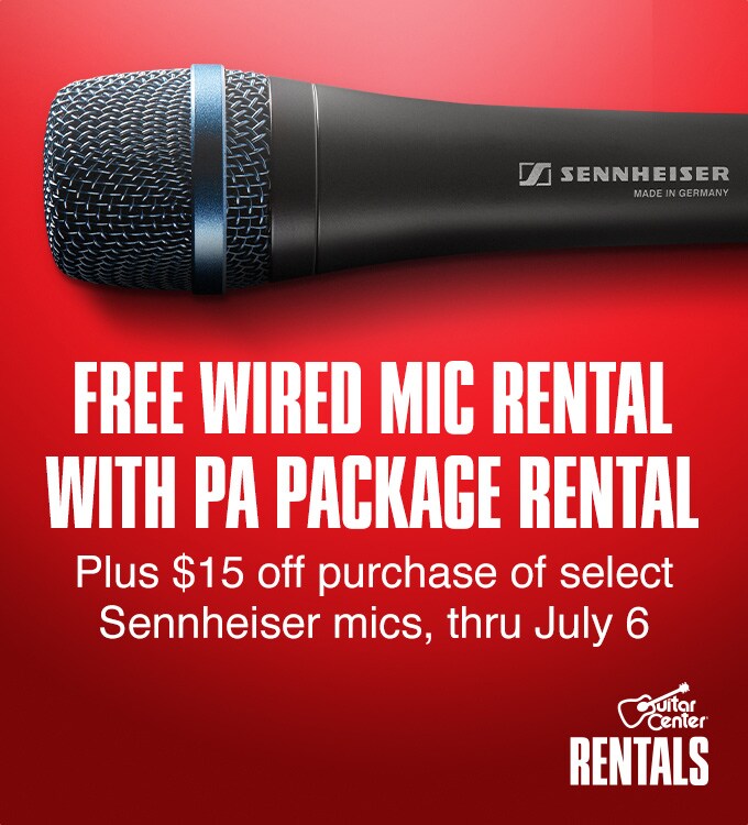Free Wired Mic Rental With PA Package Rental. Plus 15 dollars off purchase of select Sennheiser mics, thru July 6. Guitar Center Rentals.