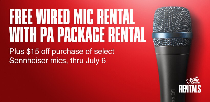Free Wired Mic Rental With PA Package Rental. Plus 15 dollars off purchase of select Sennheiser mics, thru July 6. Guitar Center Rentals.