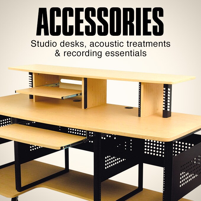 Accessories. Studio desk, acoustic treatments and recording essentials.