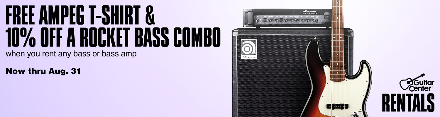 Free Ampeg T-Shirt and 10 percent Off A Rocket Bass Combo when you rent any bass or bass amp. Now thru August 31.