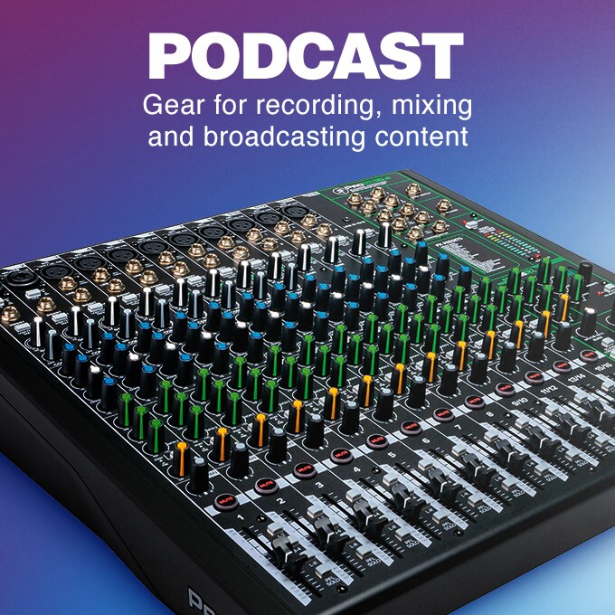 Podcast. Gear for recording, mixing and broadcasting content.