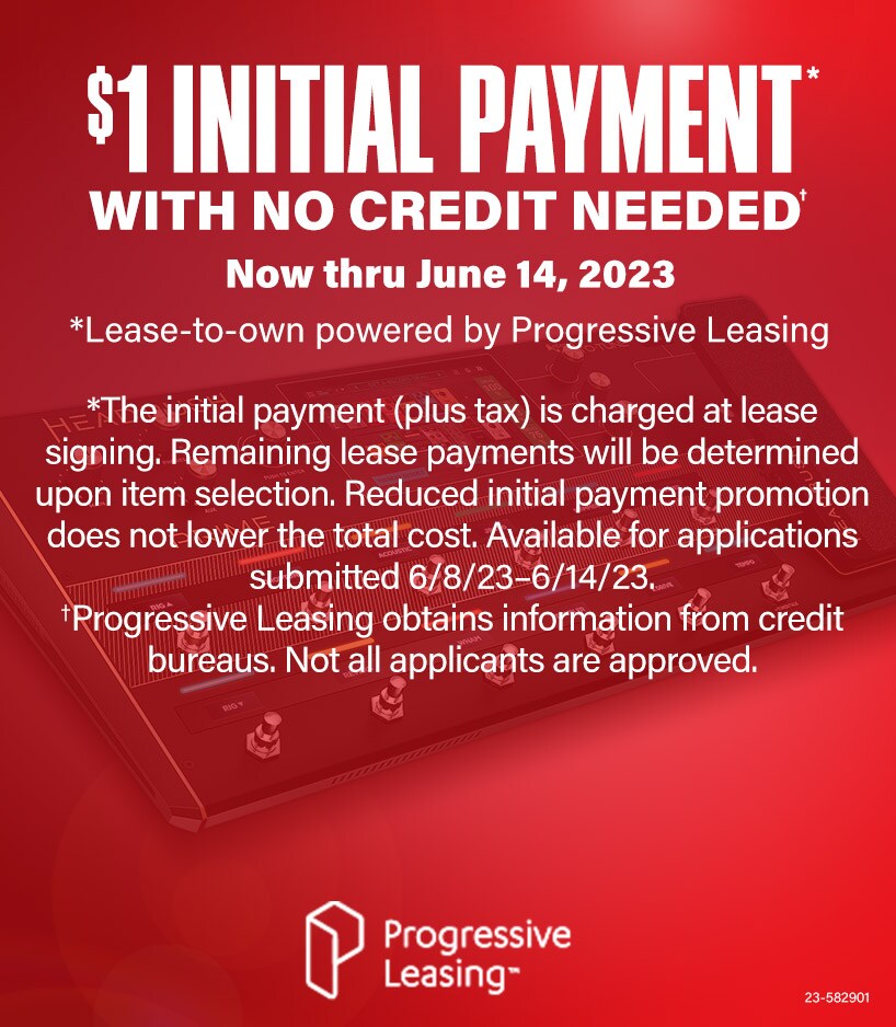 1 dollar initial payment. With no credit needed. Now thru June 14, 2023. Lease-to-own powered by Progressive Leasing.