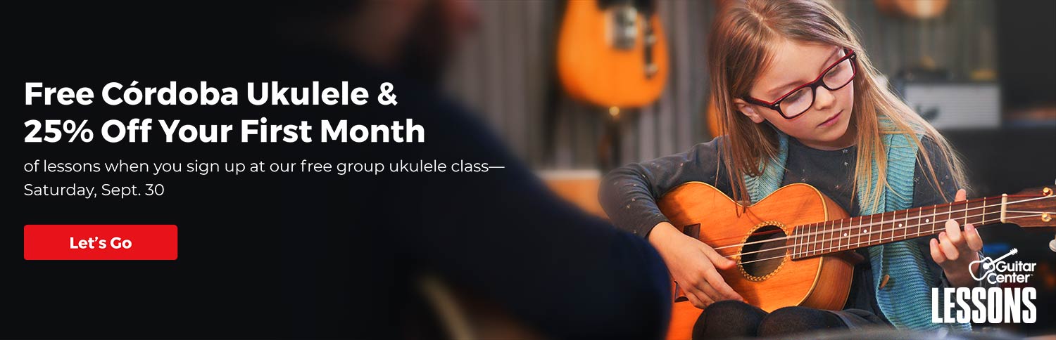 Free Cordoba Ukulele & 25 percent Off Your First Month of lessons when you sign up at out free group guitar class - Saturday, Sept 30.