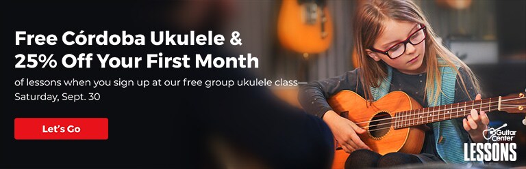 Free Cordoba Ukulele & 25 percent Off Your First Month of lessons when you sign up at out free group guitar class - Saturday, Sept 30.