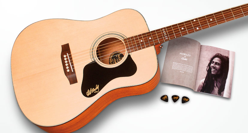 New Guild Marley A-20. Dreadnought acoustic based on the personal songwriting guitar of reggae legend Bob Marley. Shop now