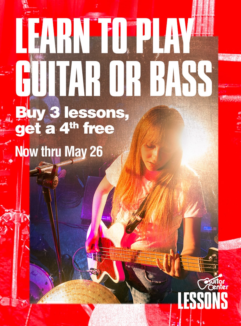 Learn to Play Guitar or Bass. Buy 3 lessons, get a 4th free — offer available only by calling 866-761-0244. Now thru May 26.