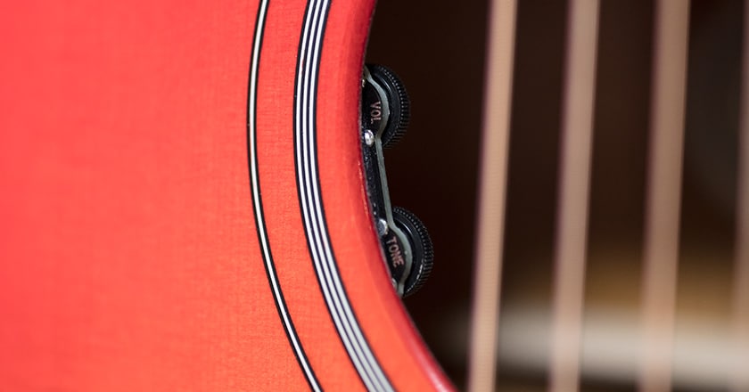 Soundhole view of 2019 Hummingbird Standard L.R. Baggs electronics